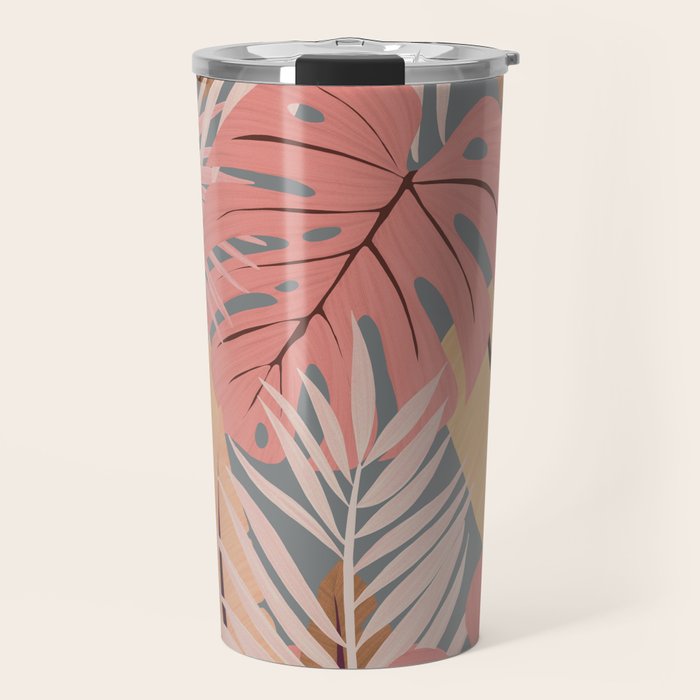 Pink tropical leaves Travel Mug Gallery Image 1