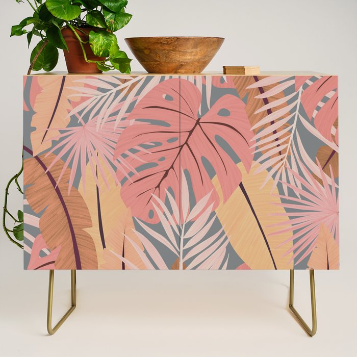 Pink tropical leaves Credenza Gallery Image 1
