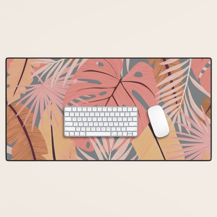 Pink tropical leaves Desk Mat Gallery Image 1