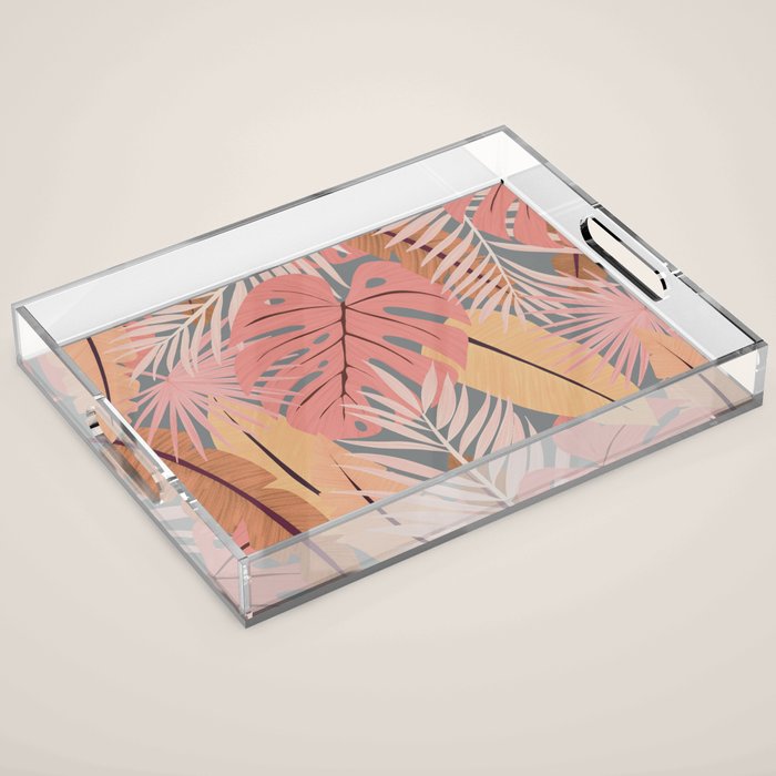 Pink tropical leaves Acrylic Tray Gallery Image 1