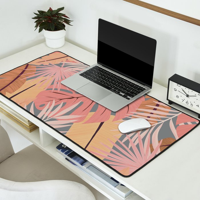 Pink tropical leaves Desk Mat Gallery Image 2