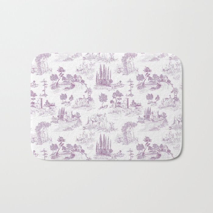 Toile de Jouy Vintage French Romantic Pastoral Lilac & White Bath Mat Gallery Image 1