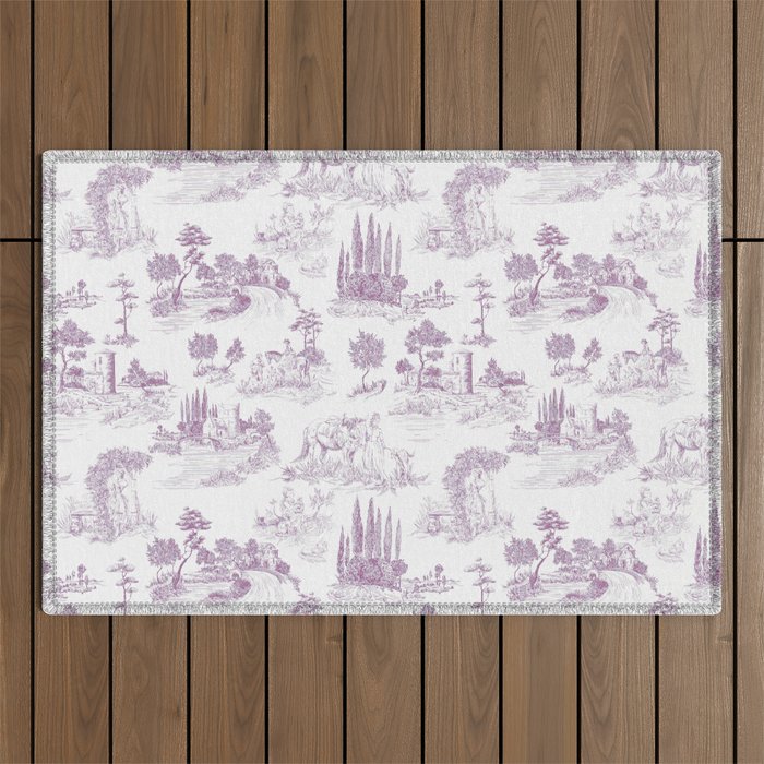 Toile de Jouy Vintage French Romantic Pastoral Lilac & White Outdoor Rug Gallery Image 1
