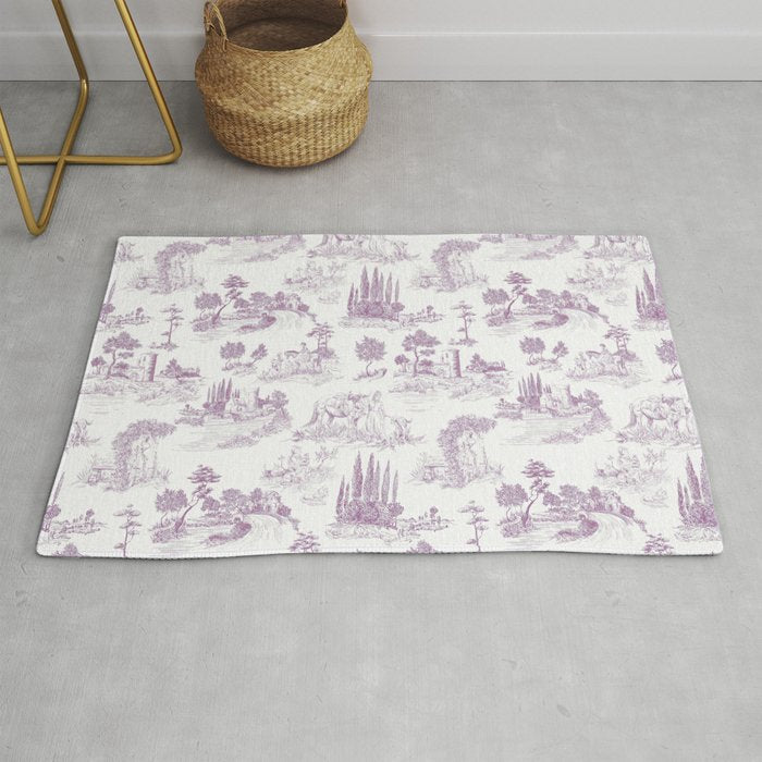 Toile de Jouy Vintage French Romantic Pastoral Lilac & White Rug Gallery Image 1