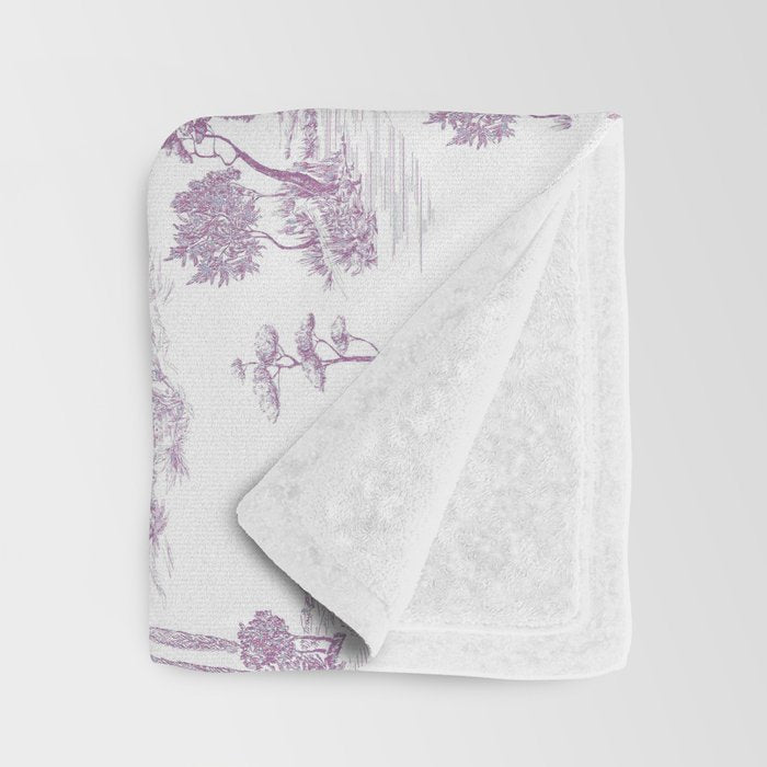 Toile de Jouy Vintage French Romantic Pastoral Lilac & White Throw Blanket Gallery Image 3