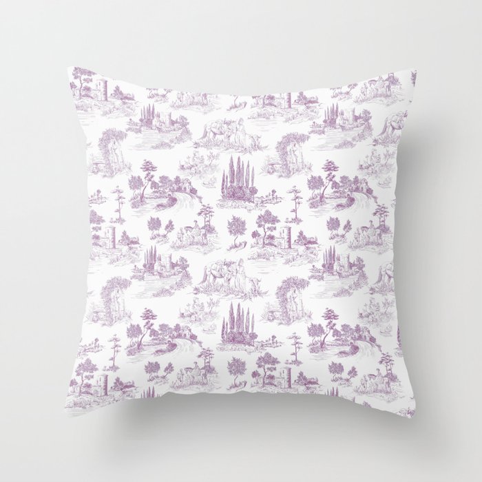 Toile de Jouy Vintage French Romantic Pastoral Lilac & White Throw Pillow Gallery Image 1