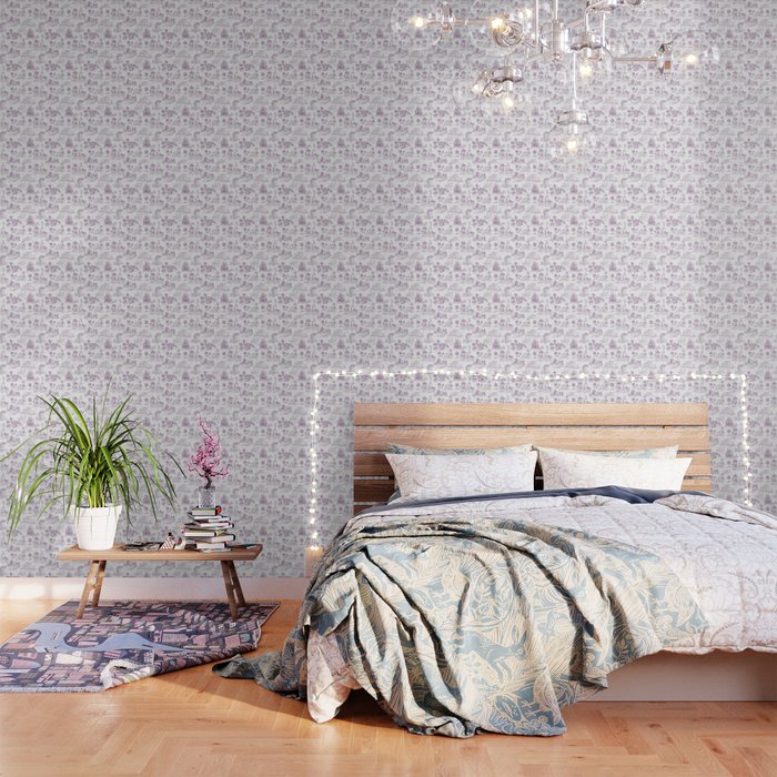 Toile de Jouy Vintage French Romantic Pastoral Lilac & White Wallpaper Gallery Image 1
