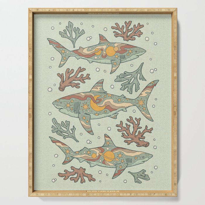 Midnight Swim | Dusty Sunset Palette | Ocean Shark Art Serving Tray Gallery Image 1