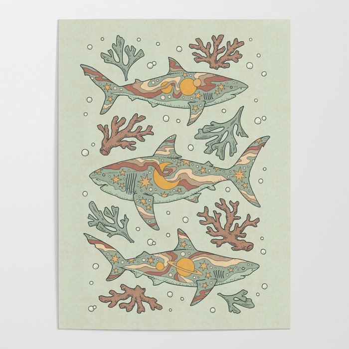 Midnight Swim | Dusty Sunset Palette | Ocean Shark Art Poster Gallery Image 4