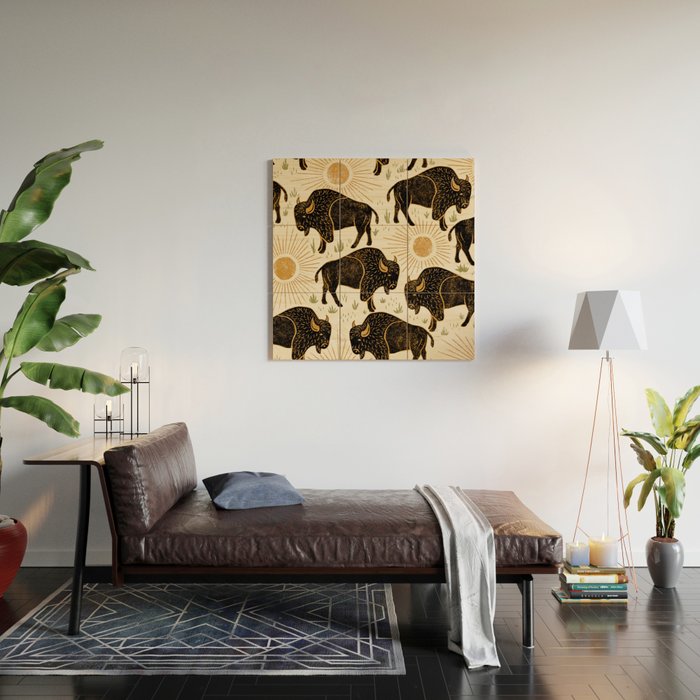 Bison - black, gold, moss green, and cream Wood Wall Art Gallery Image 2
