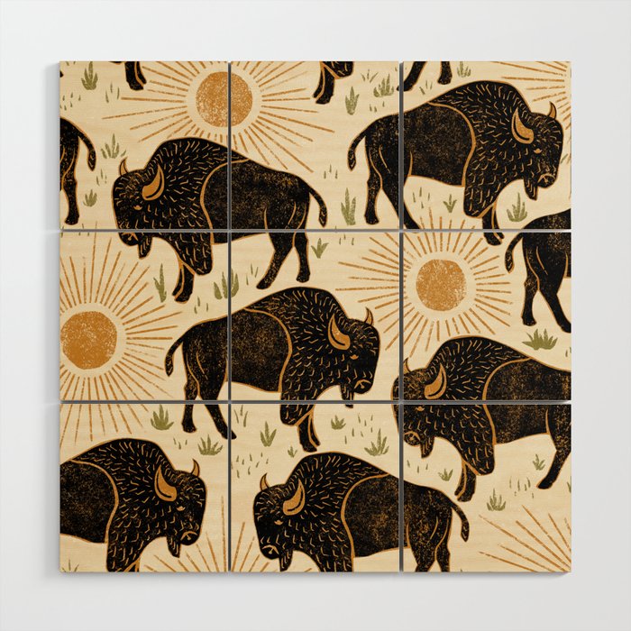 Bison - black, gold, moss green, and cream Wood Wall Art Gallery Image 1