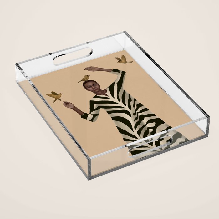 Woman with Birds and Zebra Pattern Dress Acrylic Tray Gallery Image 1