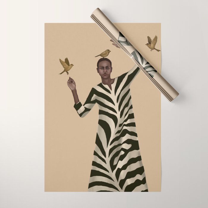 Woman with Birds and Zebra Pattern Dress Wrapping Paper Gallery Image 1