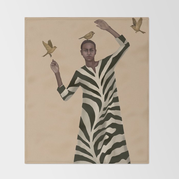 Woman with Birds and Zebra Pattern Dress Throw Blanket Gallery Image 2
