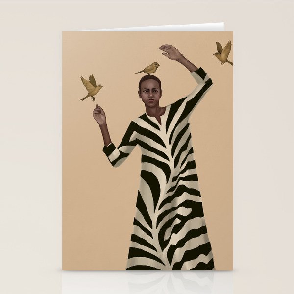 Woman with Birds and Zebra Pattern Dress Stationery Card Gallery Image 2
