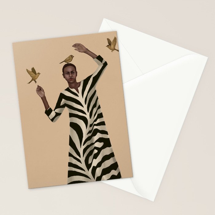 Woman with Birds and Zebra Pattern Dress Stationery Card Gallery Image 2