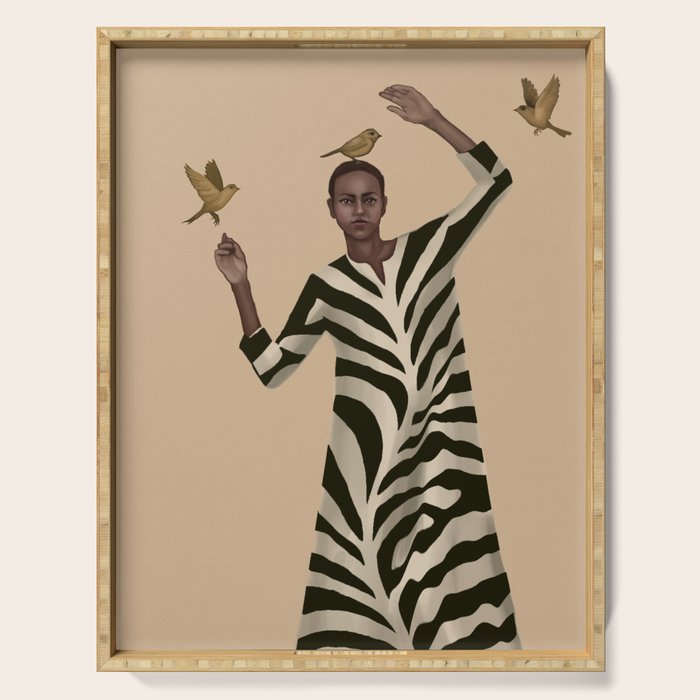 Woman with Birds and Zebra Pattern Dress Serving Tray Gallery Image 1