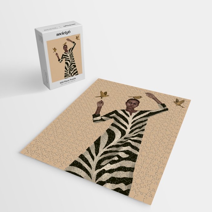 Woman with Birds and Zebra Pattern Dress Jigsaw Puzzle Gallery Image 2