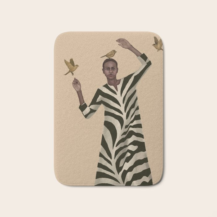 Woman with Birds and Zebra Pattern Dress Bath Mat Gallery Image 1