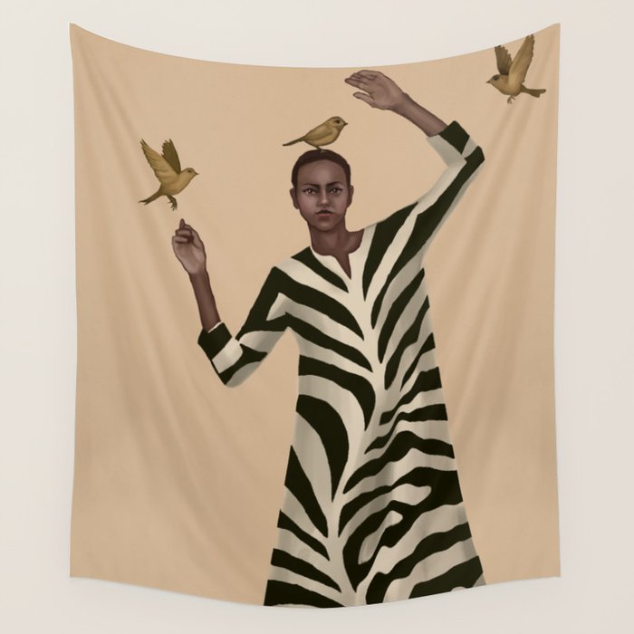 Woman with Birds and Zebra Pattern Dress Wall Tapestry Gallery Image 4