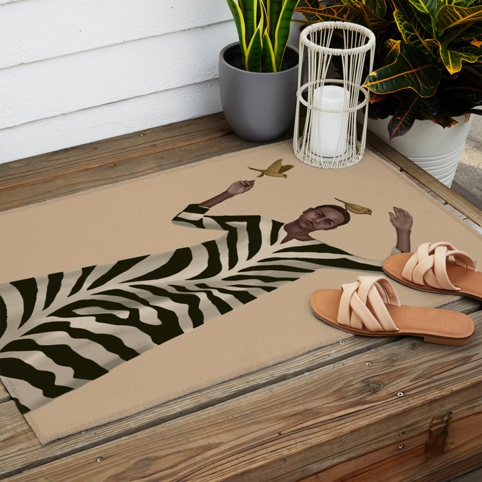 Woman with Birds and Zebra Pattern Dress Outdoor Rug Gallery Image 2