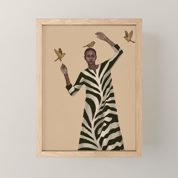 Woman with Birds and Zebra Pattern Dress Mini Art Print Gallery Image 1