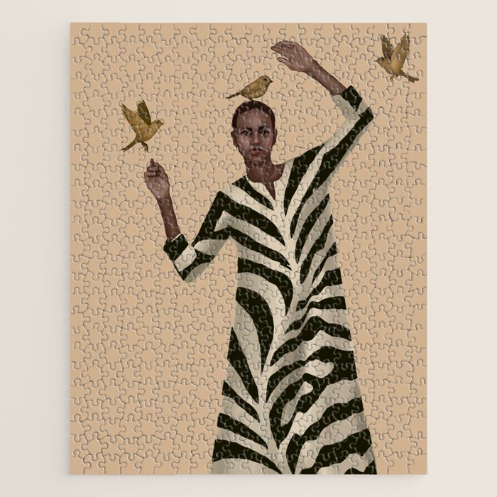 Woman with Birds and Zebra Pattern Dress Jigsaw Puzzle Gallery Image 1