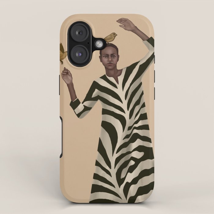 Woman with Birds and Zebra Pattern Dress iPhone Case Gallery Image 1