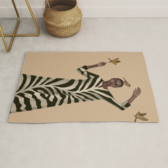 Woman with Birds and Zebra Pattern Dress Rug Gallery Image 1