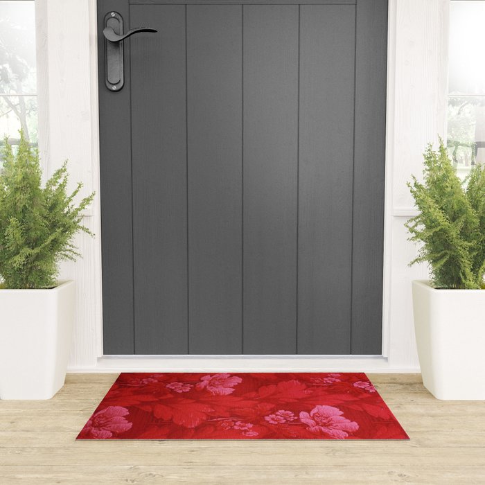 Antique Red Flower Pattern Welcome Mat Gallery Image 3