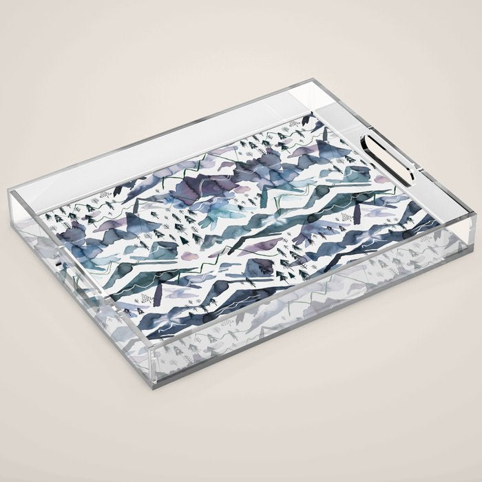 Mountains Watercolor Nature Trees Ski Snow Blue Indigo Acrylic Tray Gallery Image 1