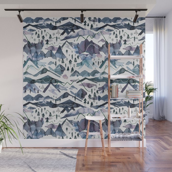 Mountains Watercolor Nature Trees Ski Snow Blue Indigo Wall Mural Gallery Image 1