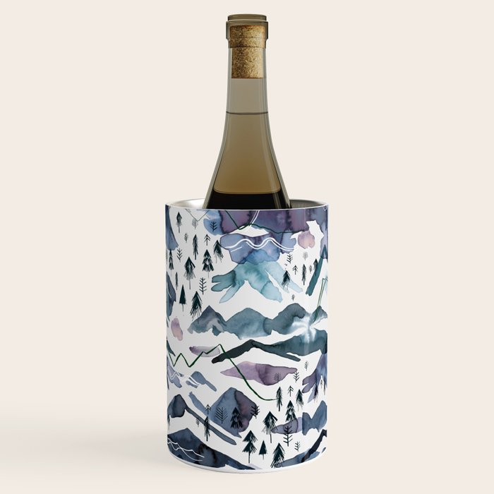 Mountains Watercolor Nature Trees Ski Snow Blue Indigo Wine Chiller Gallery Image 1