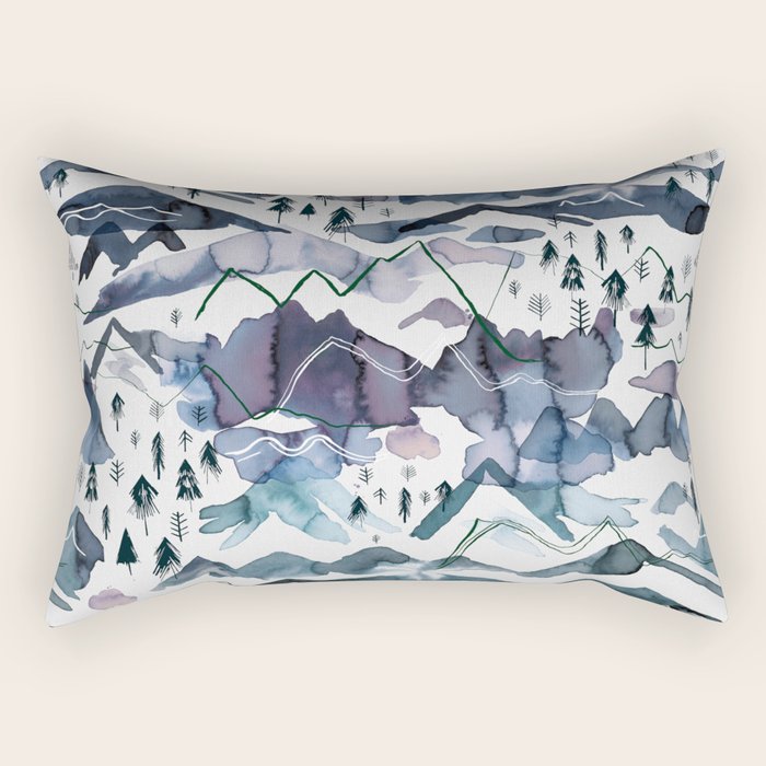 Mountains Watercolor Nature Trees Ski Snow Blue Indigo Rectangular Pillow Gallery Image 1