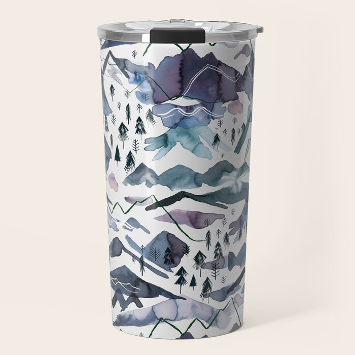 Mountains Watercolor Nature Trees Ski Snow Blue Indigo Travel Mug Gallery Image 1