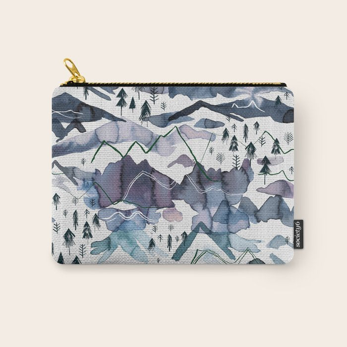 Mountains Watercolor Nature Trees Ski Snow Blue Indigo Carry All Pouch Gallery Image 1