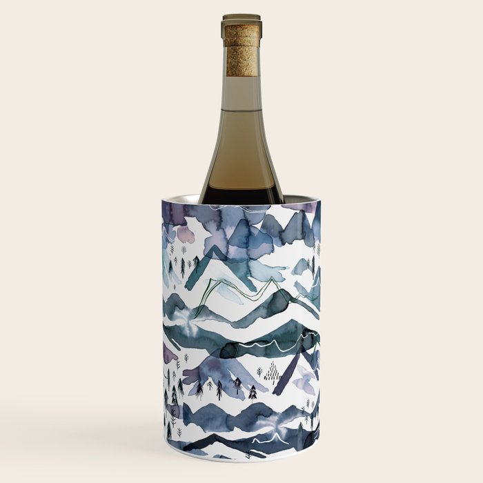 Mountains Watercolor Nature Trees Ski Snow Blue Indigo Wine Chiller Gallery Image 3