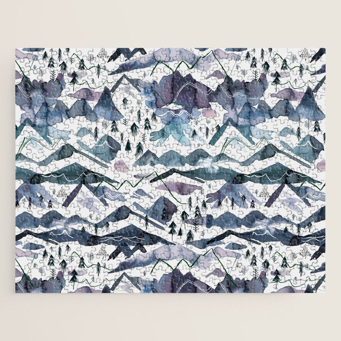 Mountains Watercolor Nature Trees Ski Snow Blue Indigo Jigsaw Puzzle Gallery Image 1