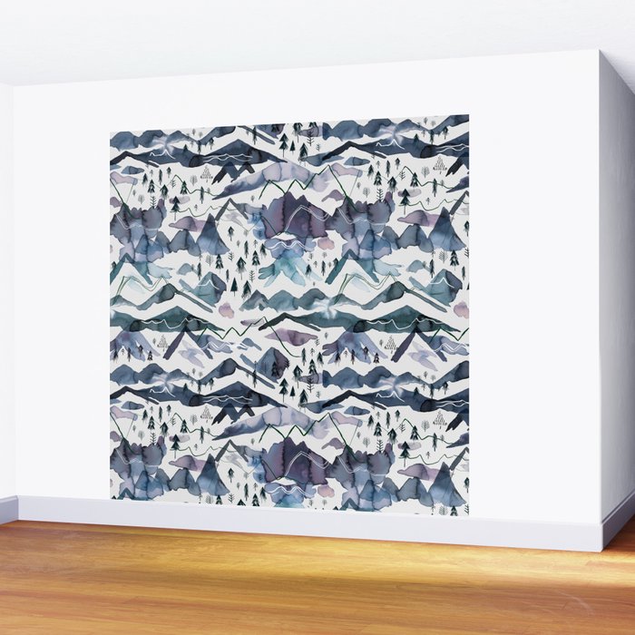 Mountains Watercolor Nature Trees Ski Snow Blue Indigo Wall Mural Gallery Image 2