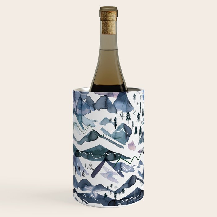 Mountains Watercolor Nature Trees Ski Snow Blue Indigo Wine Chiller Gallery Image 2