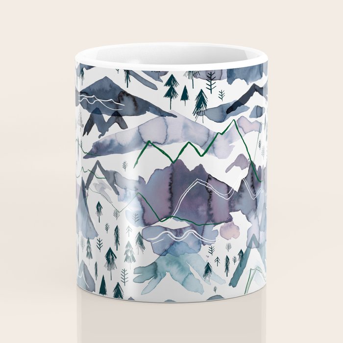 Mountains Watercolor Nature Trees Ski Snow Blue Indigo Coffee Mug Gallery Image 4