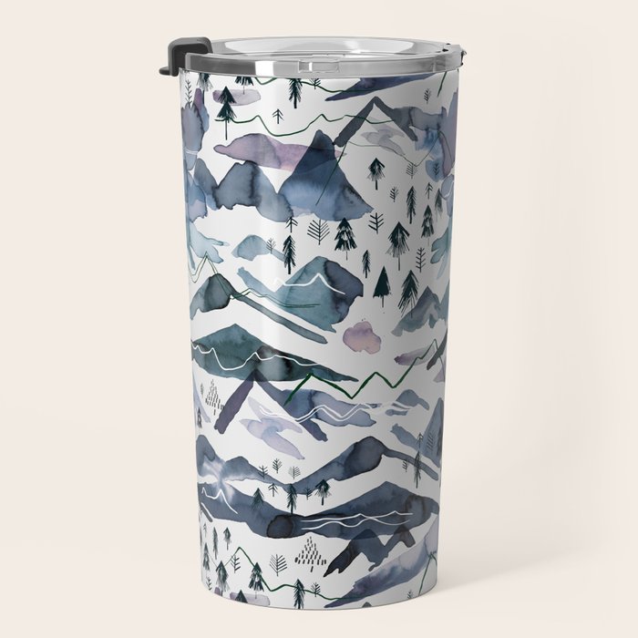 Mountains Watercolor Nature Trees Ski Snow Blue Indigo Travel Mug Gallery Image 3