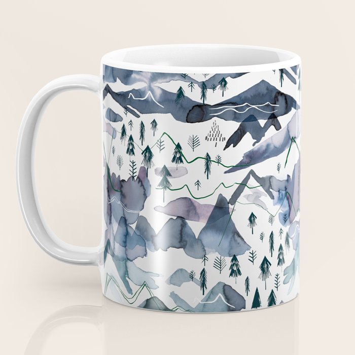 Mountains Watercolor Nature Trees Ski Snow Blue Indigo Coffee Mug Gallery Image 3