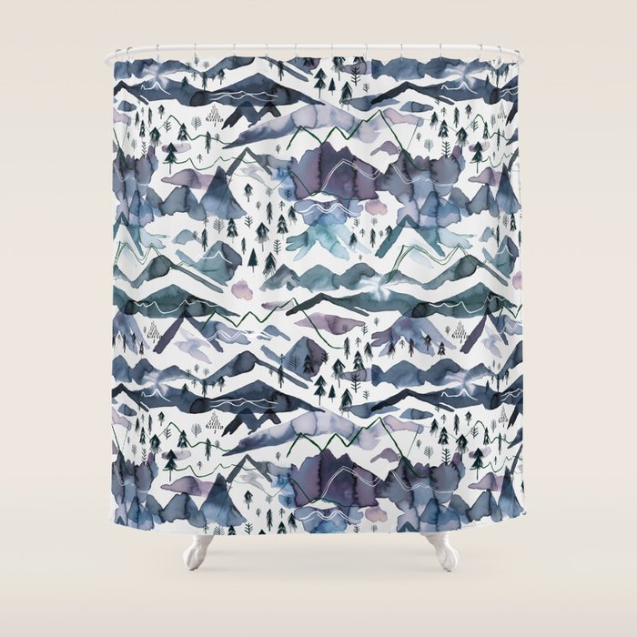 Mountains Watercolor Nature Trees Ski Snow Blue Indigo Shower Curtain Gallery Image 1