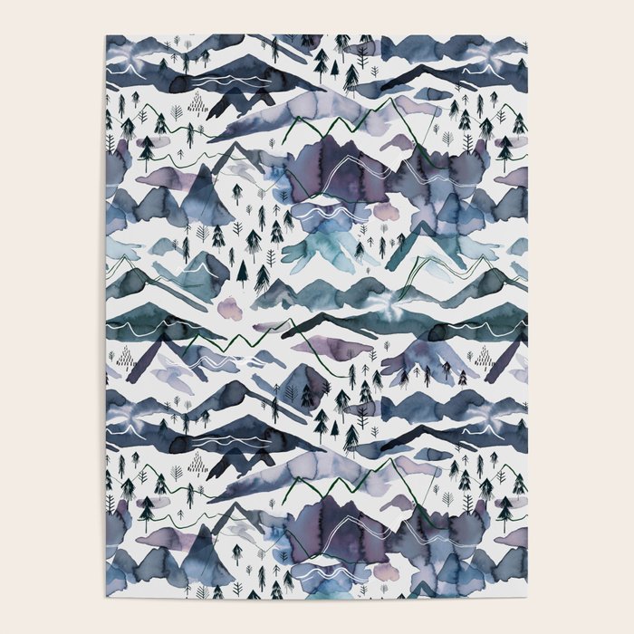Mountains Watercolor Nature Trees Ski Snow Blue Indigo Poster Gallery Image 4
