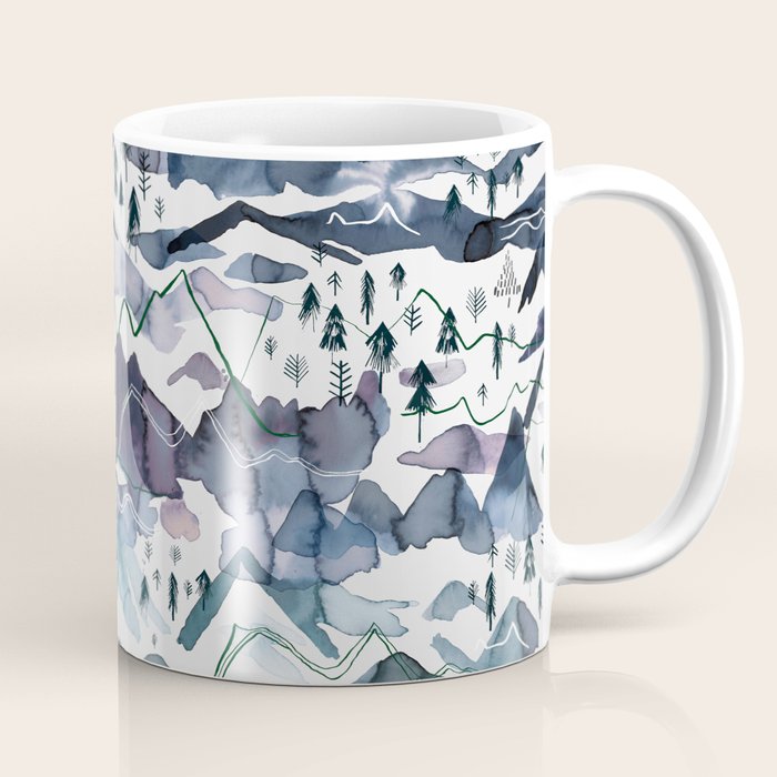 Mountains Watercolor Nature Trees Ski Snow Blue Indigo Coffee Mug Gallery Image 1