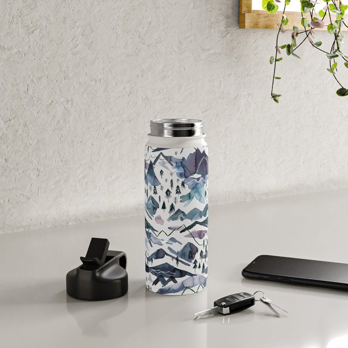 Mountains Watercolor Nature Trees Ski Snow Blue Indigo Water Bottle Gallery Image 4