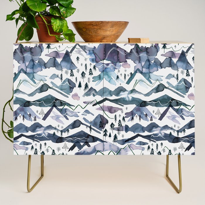 Mountains Watercolor Nature Trees Ski Snow Blue Indigo Credenza Gallery Image 1