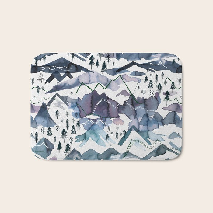Mountains Watercolor Nature Trees Ski Snow Blue Indigo Bath Mat Gallery Image 1