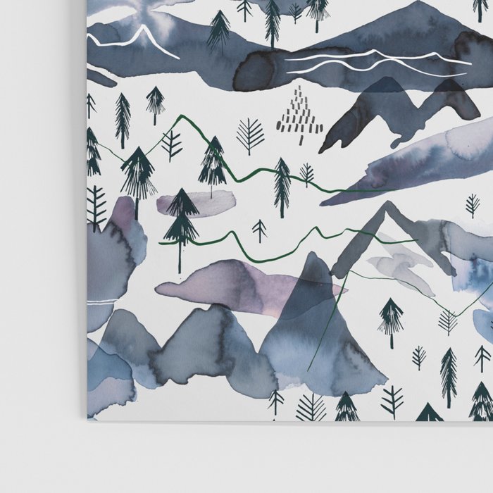 Mountains Watercolor Nature Trees Ski Snow Blue Indigo Poster Gallery Image 3